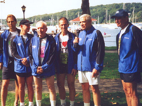 Jerry with Mike interviewing the other 5 runners who have completed all 25 Cow Harbor Races, 2003